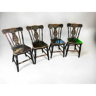 Antique 1840s Circa Primitive Set Of (4) Black Kitchen Dining Chairs • $225