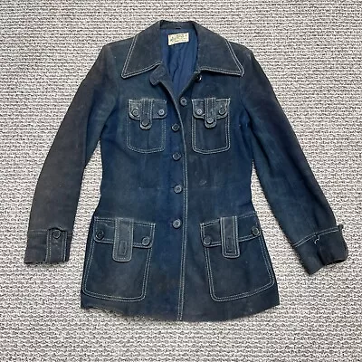 Vintage 1970s Leather Coat Womens 8 Small Blue Western Jacket Distressed Flaws • $8.97