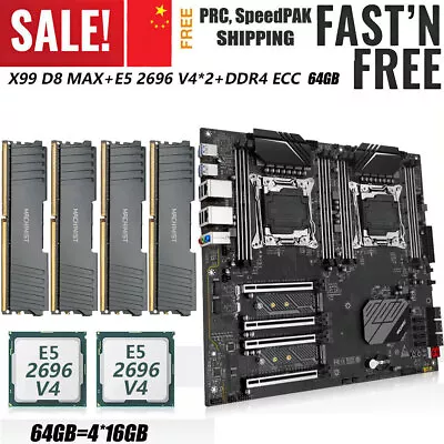 X99 D8 Motherboard LGA 2011-v3 Dual Xeon E5 2696 V4 CPU 64GB DDR4 RAM Combo Kit • $729.69