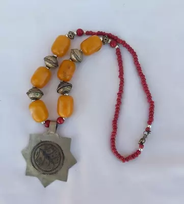 Vintage Berber Moroccan Necklace Jewelry Star Pendant Tribal African Amber Resin • $75.99