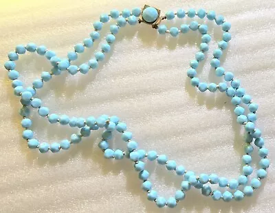 Vintage Knotted Faceted Turquoise Blue Glass Beads Decorative Clasp Necklace • $12.99