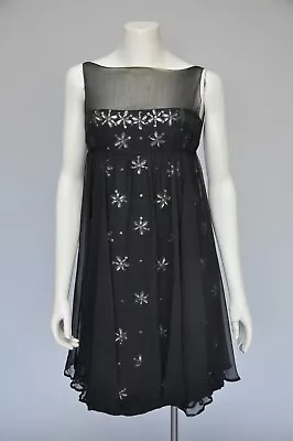 Vintage 1960s Black Silk Chiffon & Rhinestone Mod Party Dress Malcolm Starr XS/S • $525