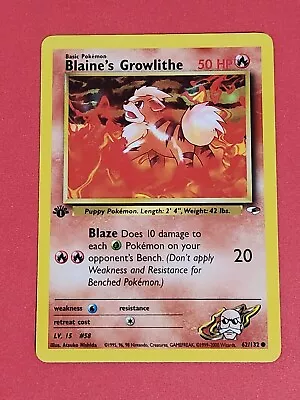 Pokemon Cards BLAINE'S GROWLITHE 1st Edition GYM HEROES  -  62/132 MINT • $4