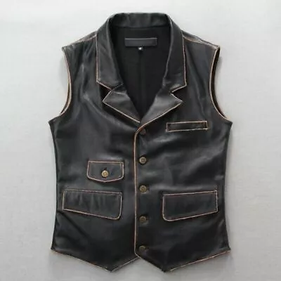 Men's Real Leather Motorcycle Vest Black Distressed Leather Biker Vest • $79.99