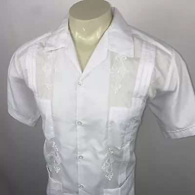 Guayabera Shirt Mens LARGE 42 White Mexican Wedding Midcentury Disco Mod Vtg • $29.99