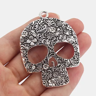 4 X Large Tibetan Silver Skull HALLOWEEN Charms Pendants For Jewellery Making • £4.31