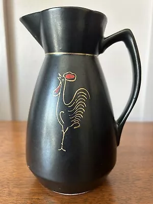 Vintage MCM Black Redware Pottery Pitcher Hand Painted Rooster Farmhouse Vase • $15