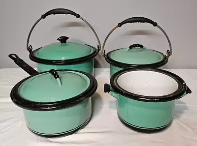 Vintage Vollrath Set Of Enamelware Green & Black Pots & Pans~rare! • $69