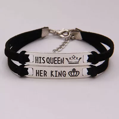 Couple Friend Bracelet 2 Pcs Leather Stainless Steel Her King His Queen Bracelet • $5.61