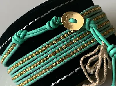 NEW Chan Luu Wrap Bracelet Gold Nugget With Pastel Green Leather 5 Wrap Bracelet • $109