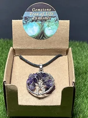 Amethyst Necklace Tree Of Life Gift Boxed Crystal Pendant Healing Chakra Reiki • £0.99