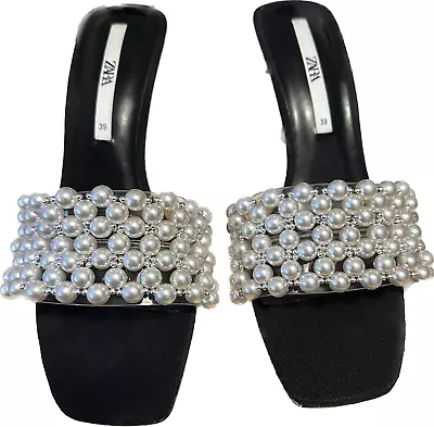 Zara Black Slip-on Sandals With Faux Pearls (3812/710 040) US Sz 8.5/EU Sz 39 • $60