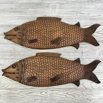 Vintage Pair Of 21 Inch Carved Wood Fish Plaques Wall Art Decor /cb • $50