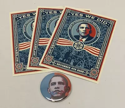 YES WE DID Shepard Fairey Obama Stickers (3 Unused) + Button 2008 MoveOn.org • $25