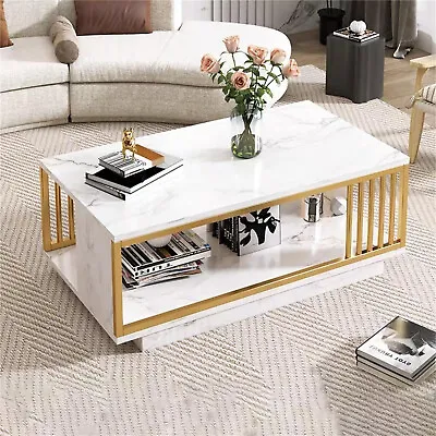 Modern White GOLD Coffee Table High Gloss Marble Veneer Rectangle Living Room • $124.99