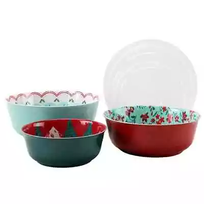 Pioneer Woman Holiday Mazie Melamine Serving Bowl W Lids 6Pcs Set Embossed New • £34.74