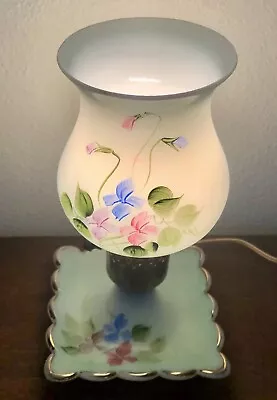 Hurricane Mint Green Milk Glass Small Lamp Hand Painted Floral 9-1/2”H Vintage • $39