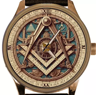 Masonic Tools Rare Artwork Symbolic Metallic Dial Gold & Blue Solid Brass Watch • £136.48