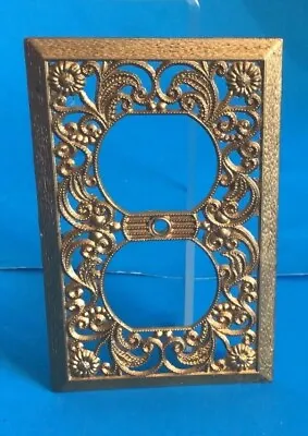 Amertac Brass Plated Floral Filigree Decorative Outlet Plate Wall Box Cover Vtg • $9.80
