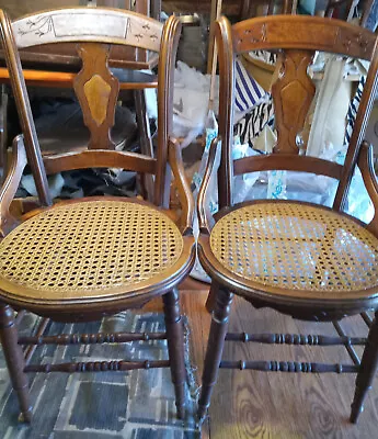 Pair Of Walnut Carved Caned Seat Dinette Chairs / Sidechairs  (SC159) • $499