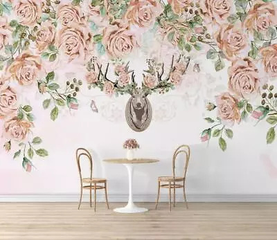 3D Antler Pink Rose B33 Wallpaper Wall Mural Removable Self-adhesive Sticker Zoe • £275.99