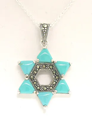 Marcasite Sterling Silver 18  Trillion Blue Turquoise Star Of David Pendant • $26.72