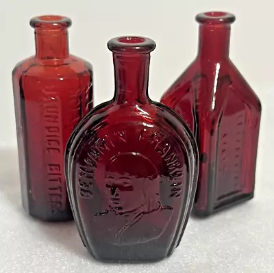 Vtg Ruby Red Bottles Wheaton Ben Franklin Chief Yahoo Jaundice Bitters Medicine • $21.99