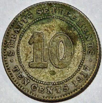 1917 British Straits Settlements George V Silver 10 Cents Km29 Circulated Crusty • $0.99