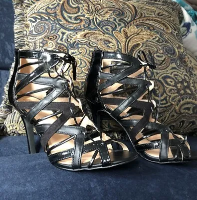 PRABAL GURUNG Black Caged Lace-Up Stiletto Sandal Size 6.5 • $25