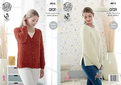 King Cole 4815 Knitting Pattern Womens Raglan Sweater & Cardigan In Fashion Aran • £4.59