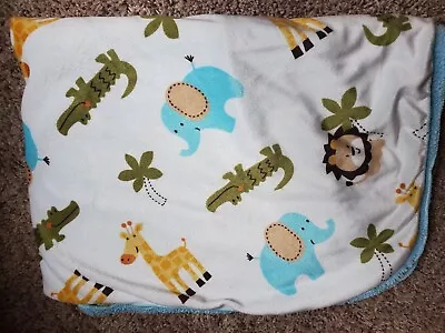 Snugly Baby Plush Jungle Safari Blue Blanket Sherpa Giraffe Monkey Elephant • $22