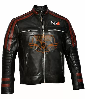 Mass Effect 3 N7 Commander Shepard Biker Real Leather Black Jacket Xs S M L Xl • $98.99