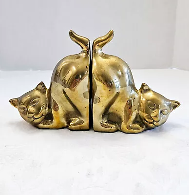 Vtg Pair Mcm Heavy Solid Brass Cat Kitty Bookends Tails In Air Art Deco Rare! • $49.99