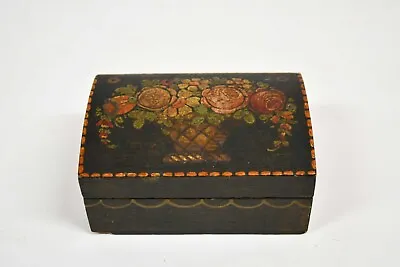 Antique Wooden Decorated Domed Keepsake Box With Painted Basket Of Flowers • $225