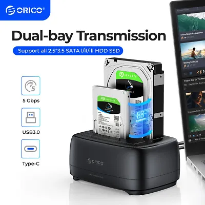 ORICO Dual Bay Hard Drive Docking Station Type C/USB 3.0 For 2.5''/3.5'' HDD SSD • $26.99