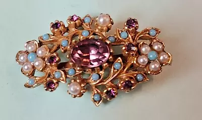 Vintage Multi Color Faceted Stones White Seed Pearls Cluster Brooch/Pin 1 3/8  • $17.95