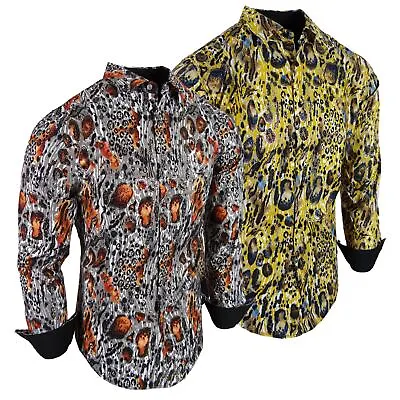Mens Shirt Luxury Fashion Animal Tiger Print Shiny Gold Stretch Slim Fit Button • $28.95