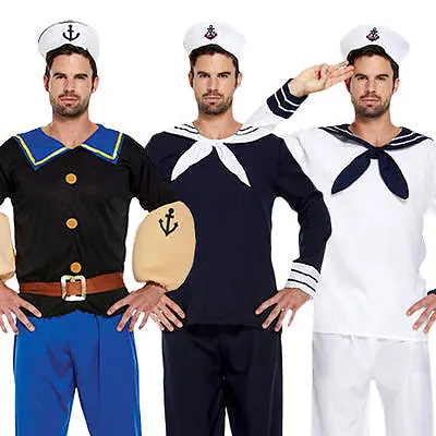 Sailor + Hat Mens Naval Fancy Dress Military Uniform Adults Navy Seaman Costumes • £16.99