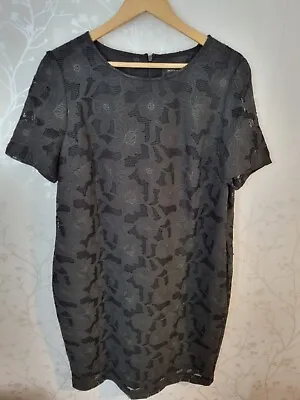 Betty Jackson Black Lace Overlay Dress Size 16 Lined Side Pockets Unworn Party • £18