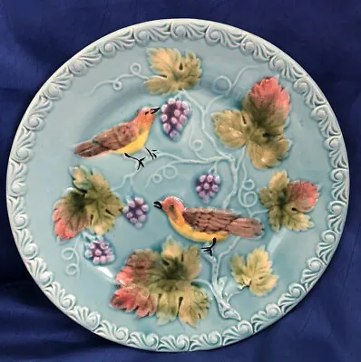 G.S.Zell Germany Majolica Bird Grapes Pattern Plate Aqua Turquoise Vibrant Antq • $65