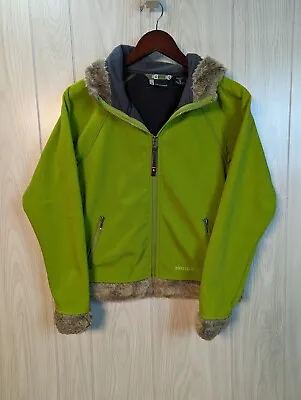 Women’s Marmot Furlong Softshell Jacket Faux Fur Lined Hood Green Size Medium • $29.95