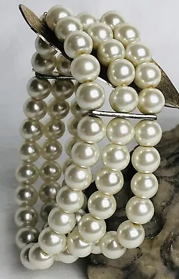 Vintage 3-Strand Faux Pearl Bracelet 7mm Beads Stretch 60s 70s Off White • $14