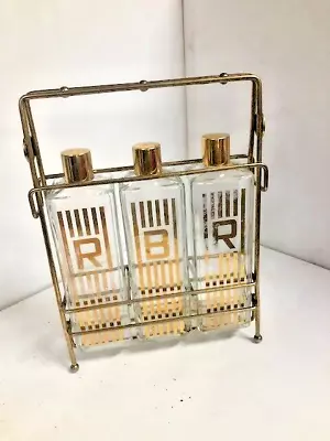 Vintage Whisky Tantalus Decanter Metal  Caddy Three Bottles With RBR Initials- • $237.08