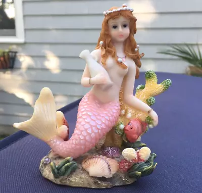 Mermaid Seated On Coral Figurine 4.5  Pink Shimmery Scales Turtle King Signed • $15