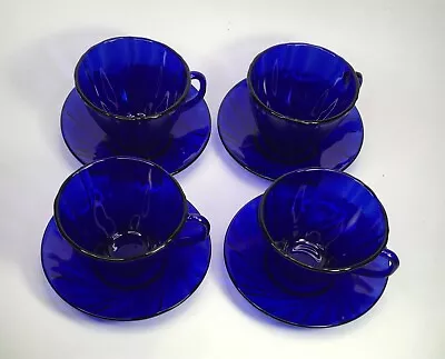 4 Duralex  Vereco France Cobalt Blue Rivage Swirl Glass 6 Ounce Tea Cup &Saucer • $29.98