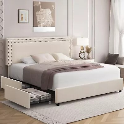 Bed Frame With 4 Storage Drawers Full Queen Size Wood Platform Velvet Headboard • $216.80