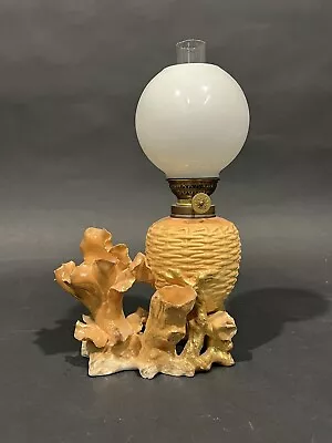 Antique  Moore Bros  Basket Weave Porcelain Miniature Oil Lamp - HI-282 • $150