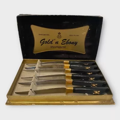 Gold N Ebony Steak Knives Gold Plated Vintage Curling Broom & Stone Motif Canada • $49.99
