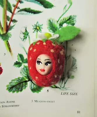 Strawberry Brooch Needle Felted Doll Face Handmade Unique OOAK Costume Jewellery • £16