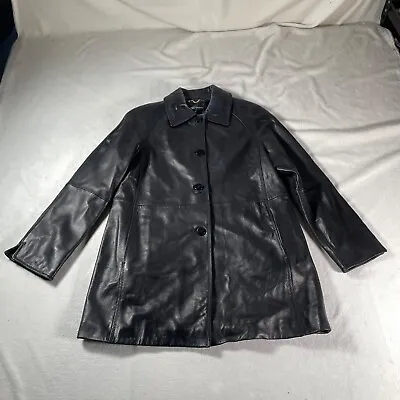 Ellen Tracy Leather Jacket Womens Medium Long Black Button Up Biker Motorcycle • $38.24